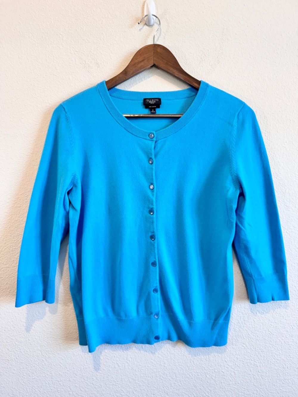 Talbots Pima Cotton Cardigan Coastal Minimalist Preppy Blue Petite M Soft B95 - Picture 2 of 9